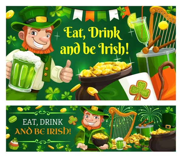 Día de San Patricio trébol, duende, cerveza irlandesa — Vector de stock