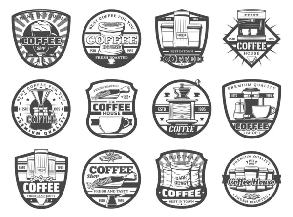 Heiße Kaffee-Ikonen, Bohnen und Tassen — Stockvektor