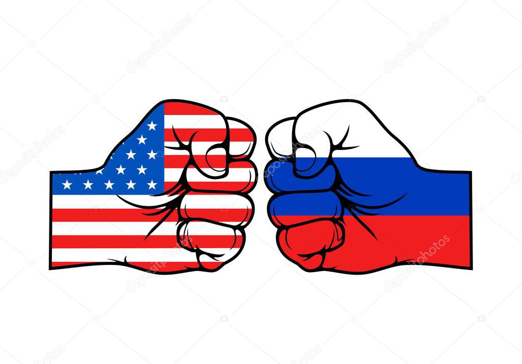 USA and Russia conflict vector concept, two fists in colors of American and Russian Federation flags. Political, economic and military confrontation of two countries, America vs Russia themes