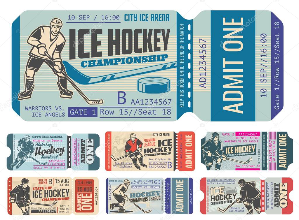 Ice hockey vintage sport tickets, vector