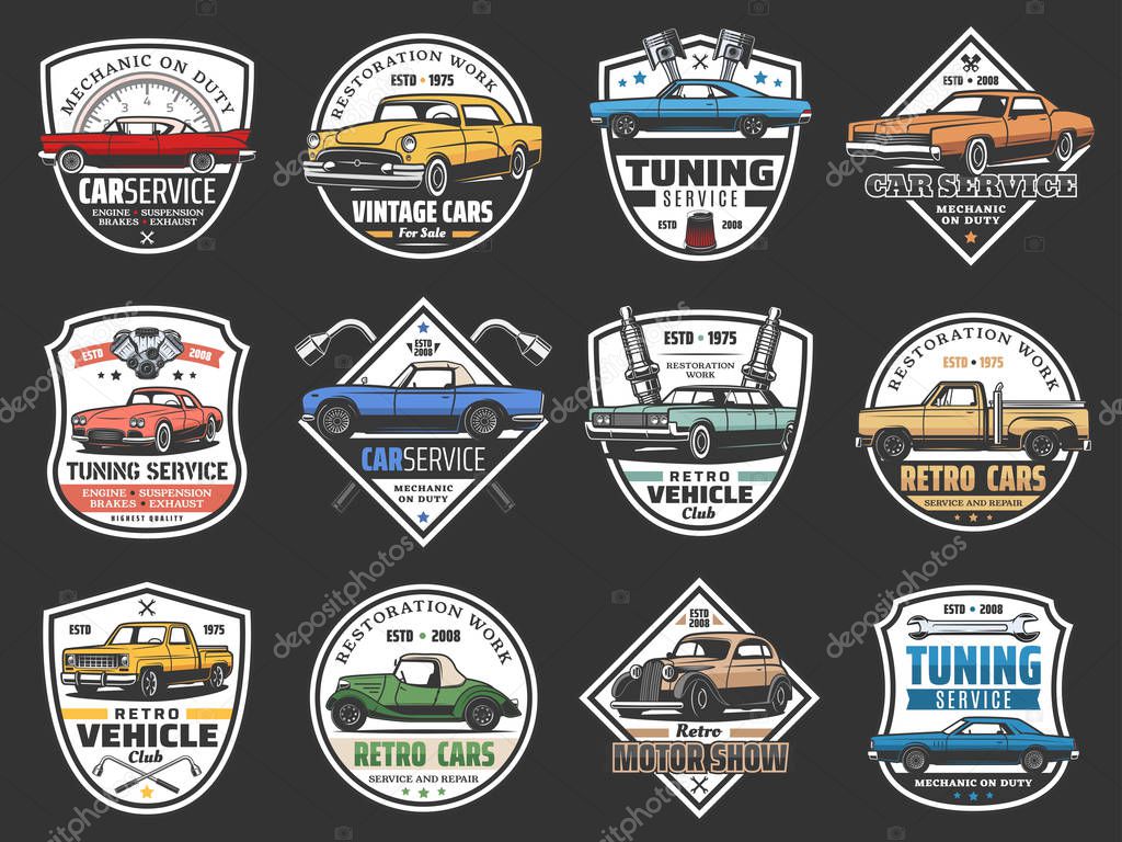 Car service, vehicles maintenance, diagnostics and repair garage station isolated icons. Vector vintage cars motor club, transport engine repair and tuning service station
