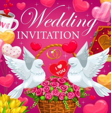 Wedding invitation with hearts, flowers and gifts