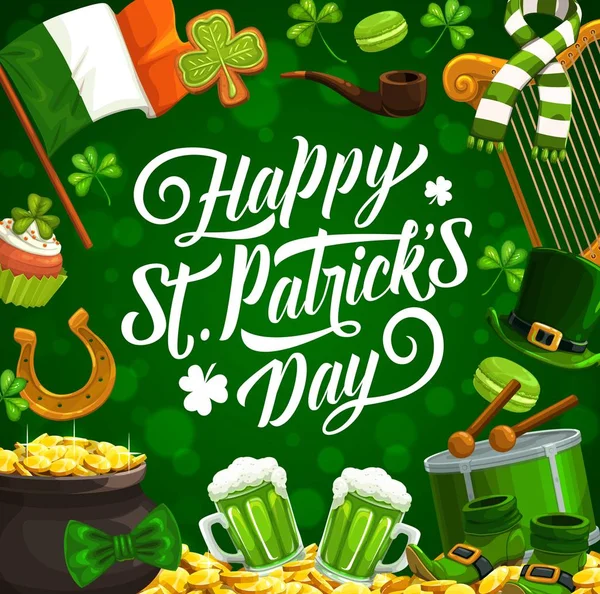 Shamrock, kabouter hoed en goud. Patricks Dag — Stockvector