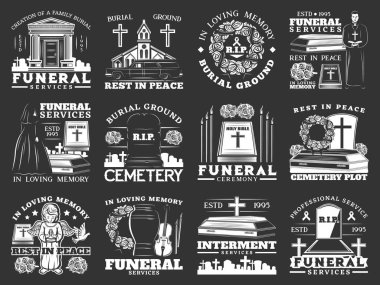Funeral and burial, cremation service icons