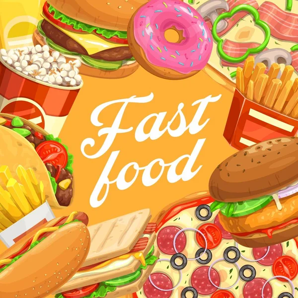 Fast food hamburger, hot dog, taco, pizza, popcorn — Vettoriale Stock