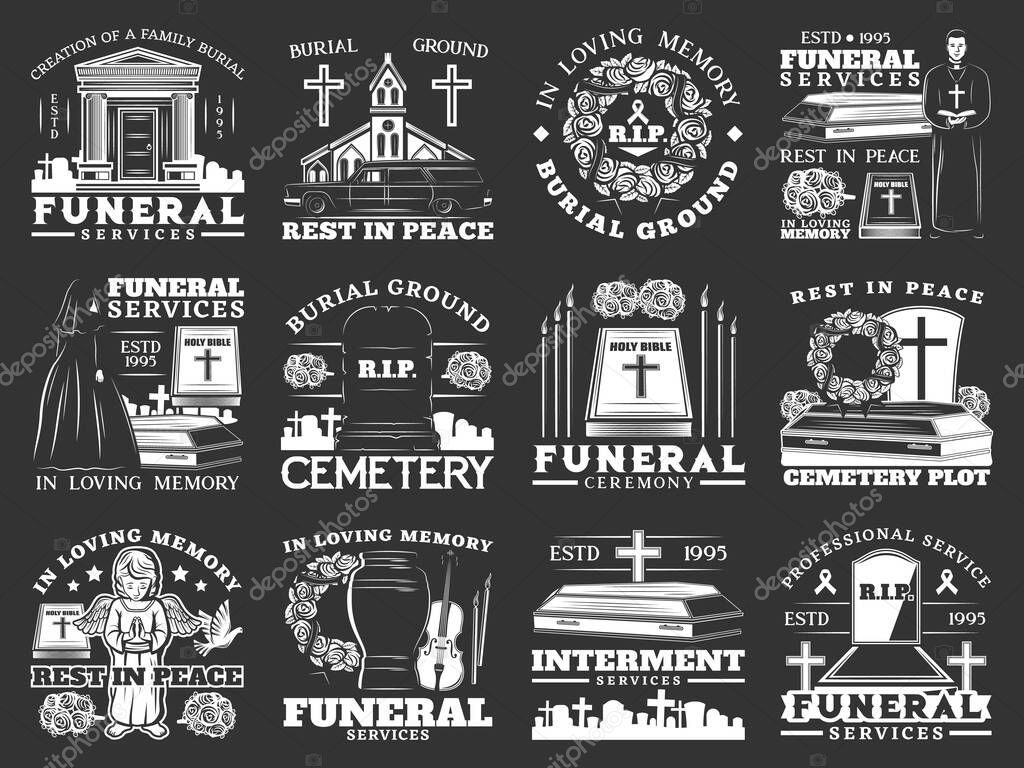 Funeral, burial and interment service, isolated monochrome icons. Vector burial ground ceremony, rest in peace, cemetery, remation urns and columbarium, crosses and tombs, graveyard and burial icon
