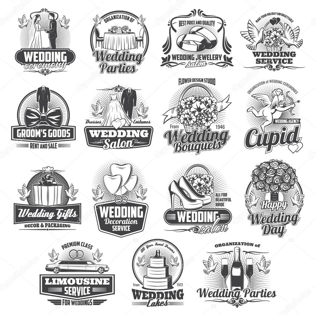 Wedding ceremony service isolated icons, vector. Arrangement of marriage, groom and bride party, wedding flower bouquets and bridal dress, jewelry store, decoration, cakes and limousine car rent