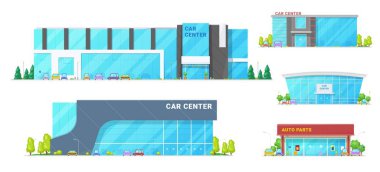 Car dealers centers and showroom buildings clipart