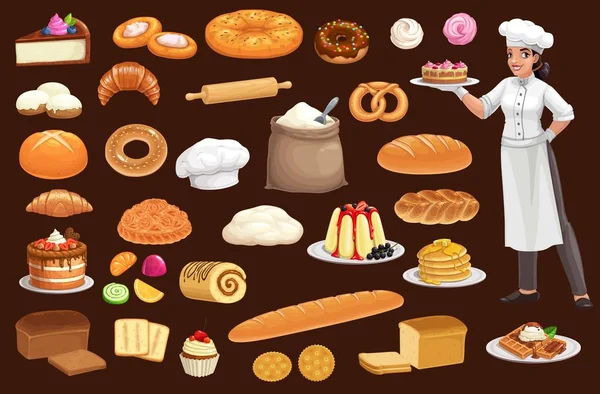 Panadero, torta, pan, pastelería, bollo y magdalenas — Vector de stock