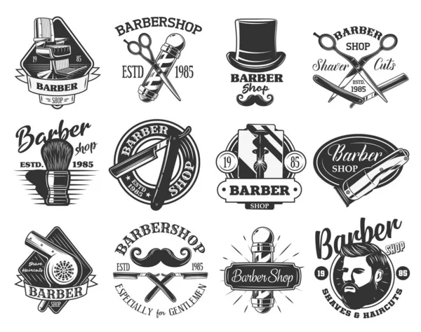 Barbershop paal, scheermes, schaar retro iconen — Stockvector