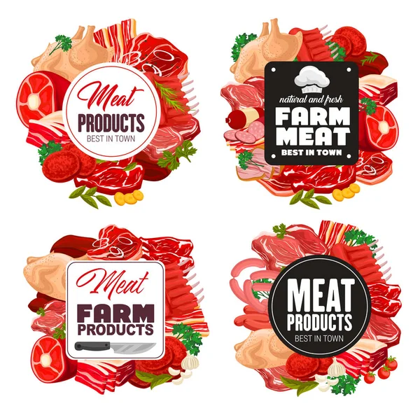 Carne e salsicha de açougue, carne bovina, moldura de porco —  Vetores de Stock