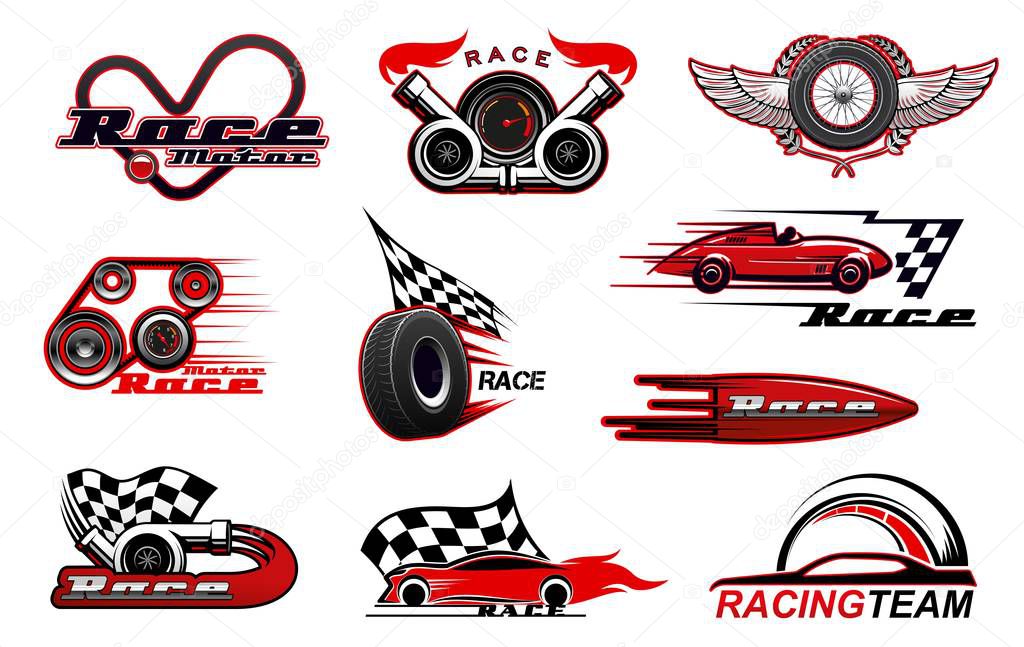 Car motor race and motorsport icons. Vector racing symbols, badges with checkered flag, winged wheel, sport vehicles, speedometer and tyre, turbine and wreath, wings. Racing sport, speed icons