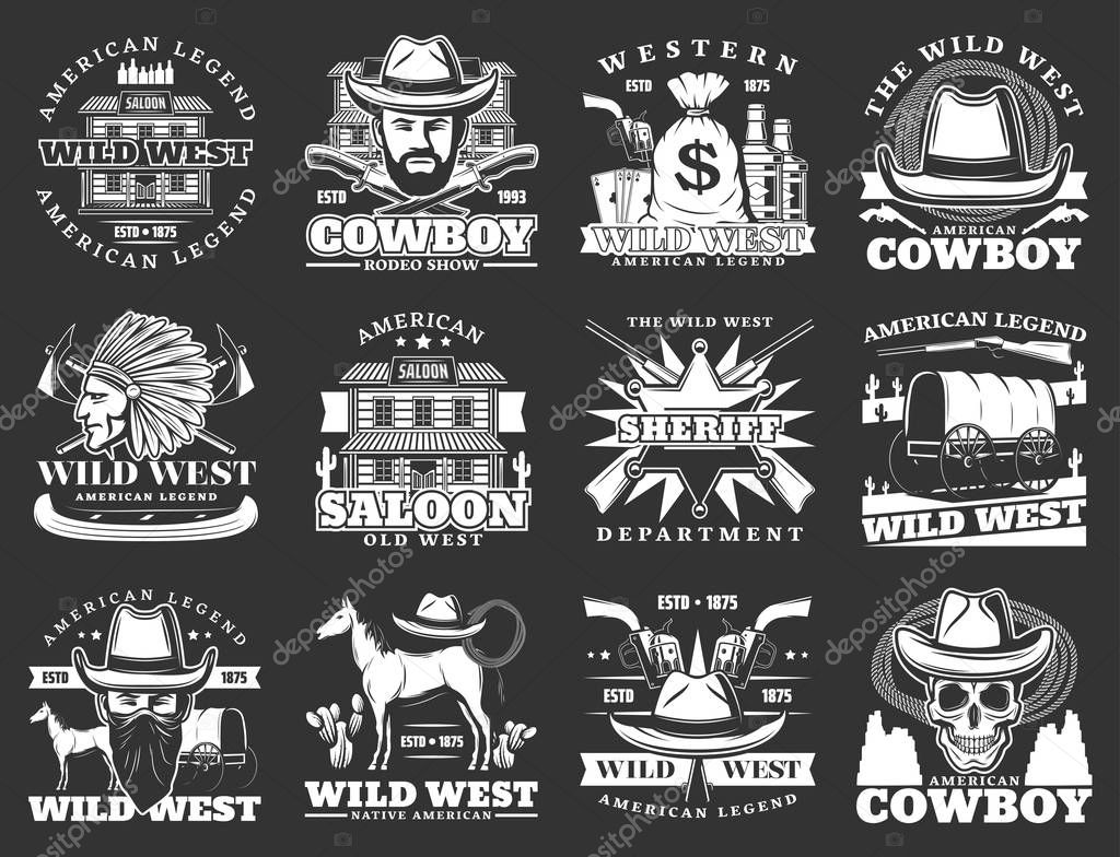 Wild west isolated icons. Vector cowboy american legend, western saloon, sheriff department, crossed revolvers, pistol gun. Wagon cart, native indian, horse and skull in hat, drinks and treasures