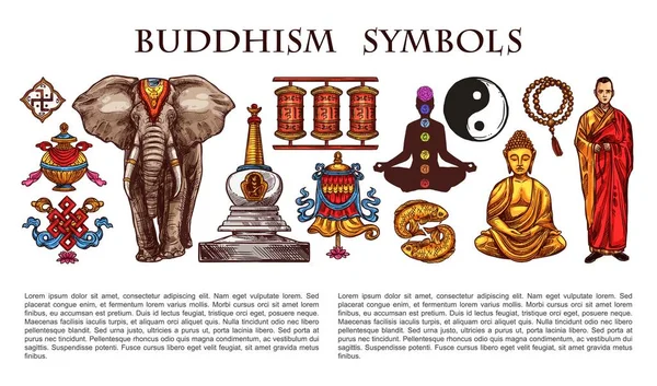 Buddhism religion symbols and characters — Stock Vector