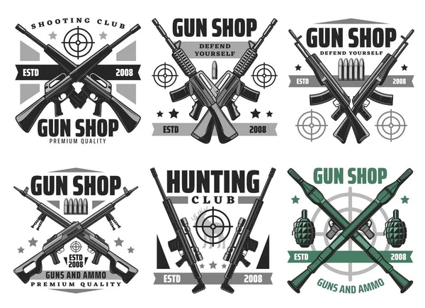 Caza de munición y armas de fuego tienda iconos — Vector de stock