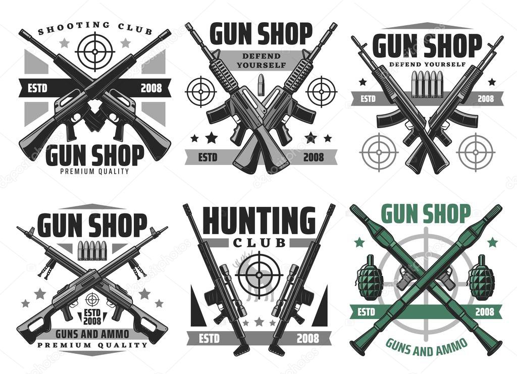 Gun shop and hunting ammo, equipment store vector icons. Military ammunition, rifles and shotguns, revolvers, aims and targets. Self protection and defence, bullets trigger ammo
