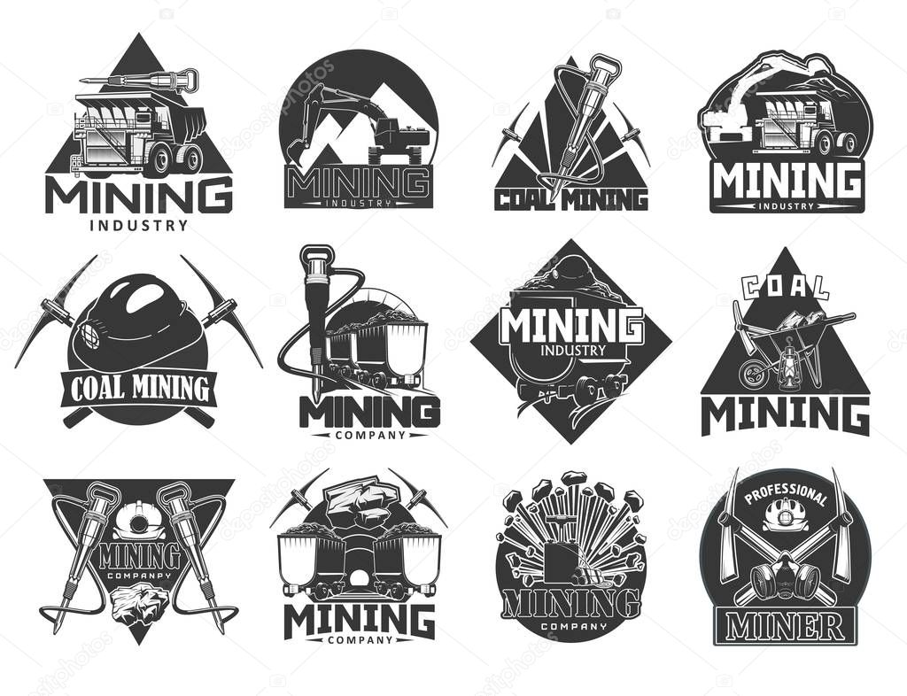 Mining industry, coal extraction icons