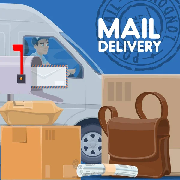 Mail delivery service. Postman in car and parcels — ストックベクタ