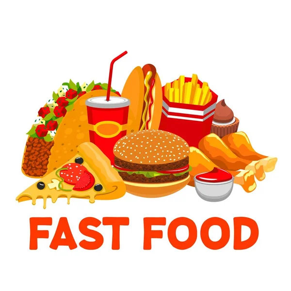 Hambúrguer, cola, pizza, batatas fritas levar fast food — Vetor de Stock