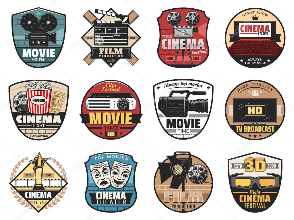 Movie, film and cinema vector icons. Film production studio, movie festival, night cinema premier, TV broadcast, HD video camera, clapperboard, projector, tickets and popcorn snacks, cinematography