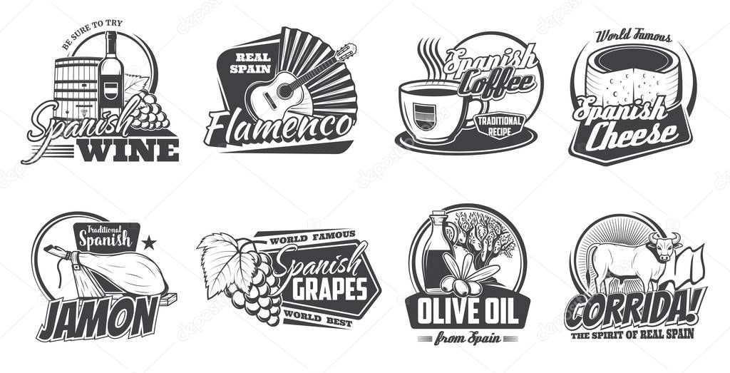Spanish cuisine, travel vector icons. Vector spanish wine, bottle, barrel and grape, cheese and jamon snacks, coffee and olive oils. Flamenco fan and guitar, corrida bull. Monochrome icons