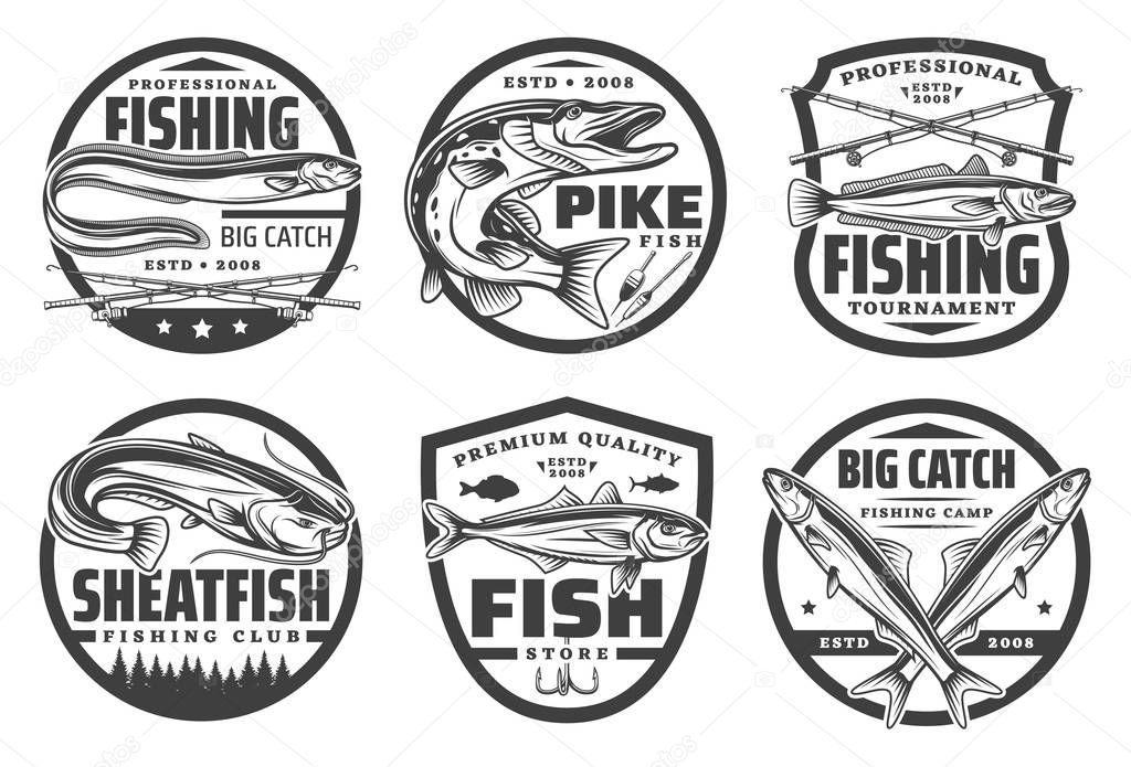 Fishing sport, fisherman hobby isolated monochrome logos. Vector fishery tackles, crossed rods, pike, trout and sheatfish, big catch. Fishing camp, flounder and pike on hook, bait or lure, river lake