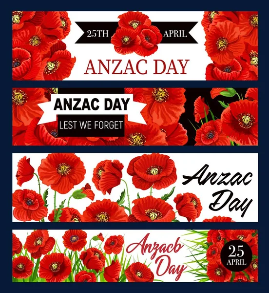 Lest we Forget, Anzac day poppy flowers — Stock Vector