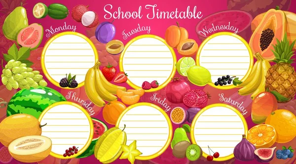 Horario escolar o planificador, frutas exóticas — Vector de stock