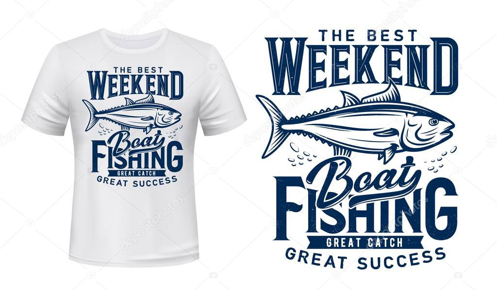 Ocean tuna fish, t-shirt print, vector navy blue template mockup. Boat fishing and big fish catch club. Sea boat fishing sport team emblem