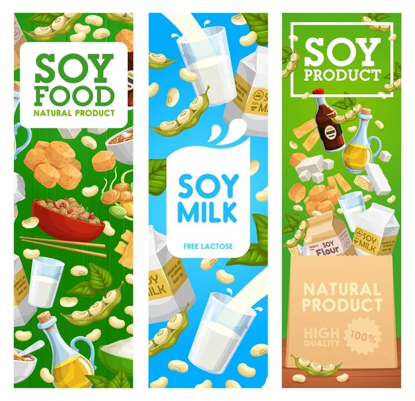 Sojabonen, melk en olie, sojasaus, miso, tofu — Stockvector