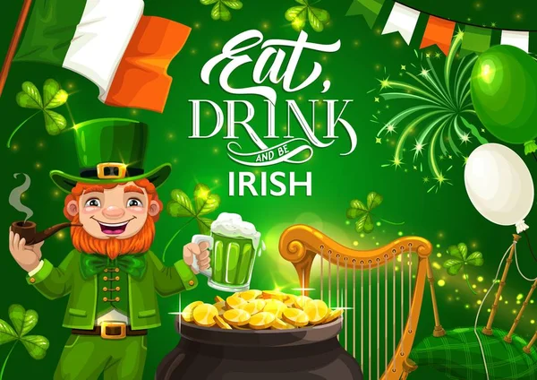 Día de los Patricks, banderas irlandesas y fuegos artificiales — Vector de stock