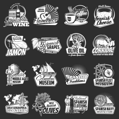 İspanya 'nın seyahat ikonları. Harita, bayrak, boğa, flamenko