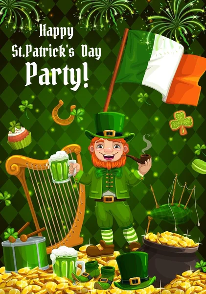 Patricks Day leprechaun and Ireland flag — Stock Vector