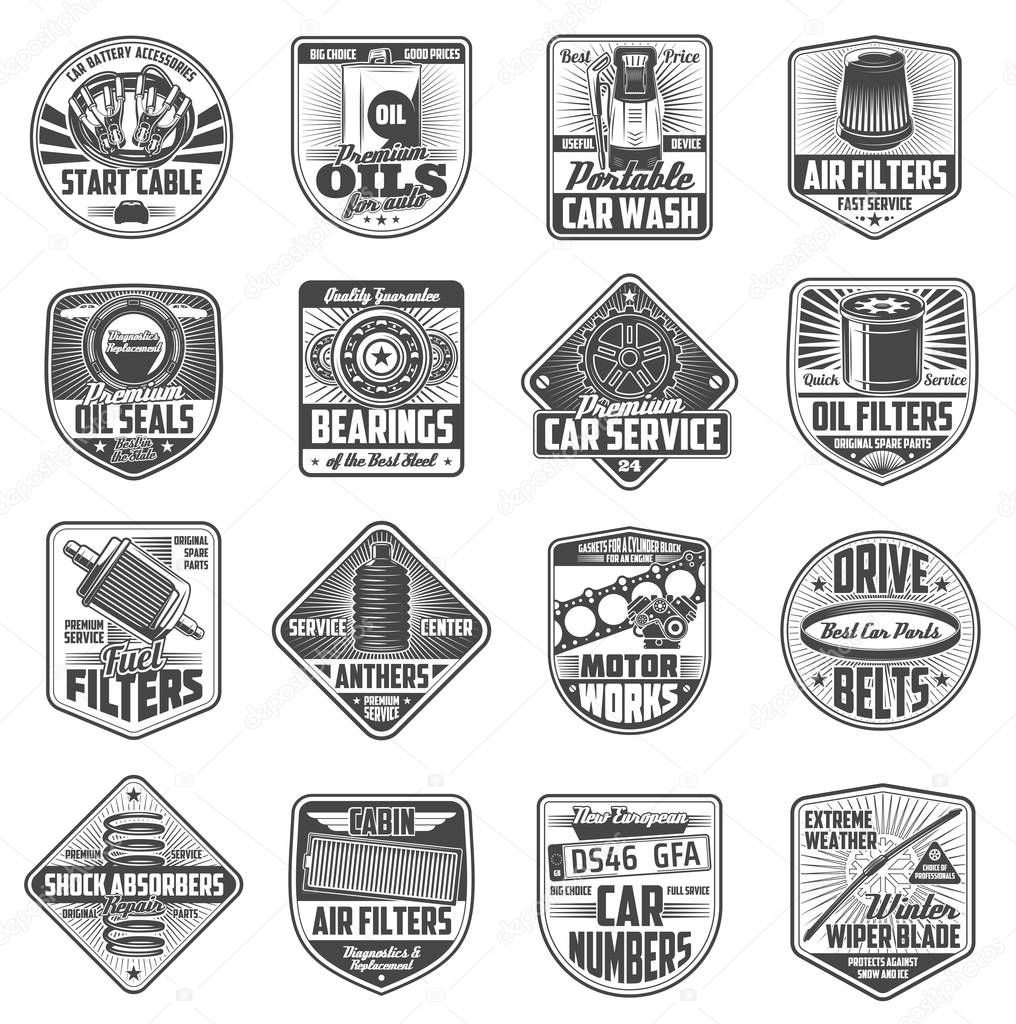 Car service retro icons with repair spare parts. Vehicle engine, motor oil and shock absorbers, oil, fuel and air filters, mechanic gear, bearings and wiper, car number and washing machine