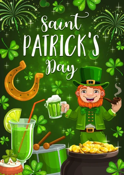 Irish Patricks giorno, leprechaun bere birra verde — Vettoriale Stock