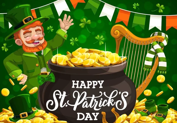 St Patricks Day krasnoludek ze złotym garnkiem, shamrock — Wektor stockowy