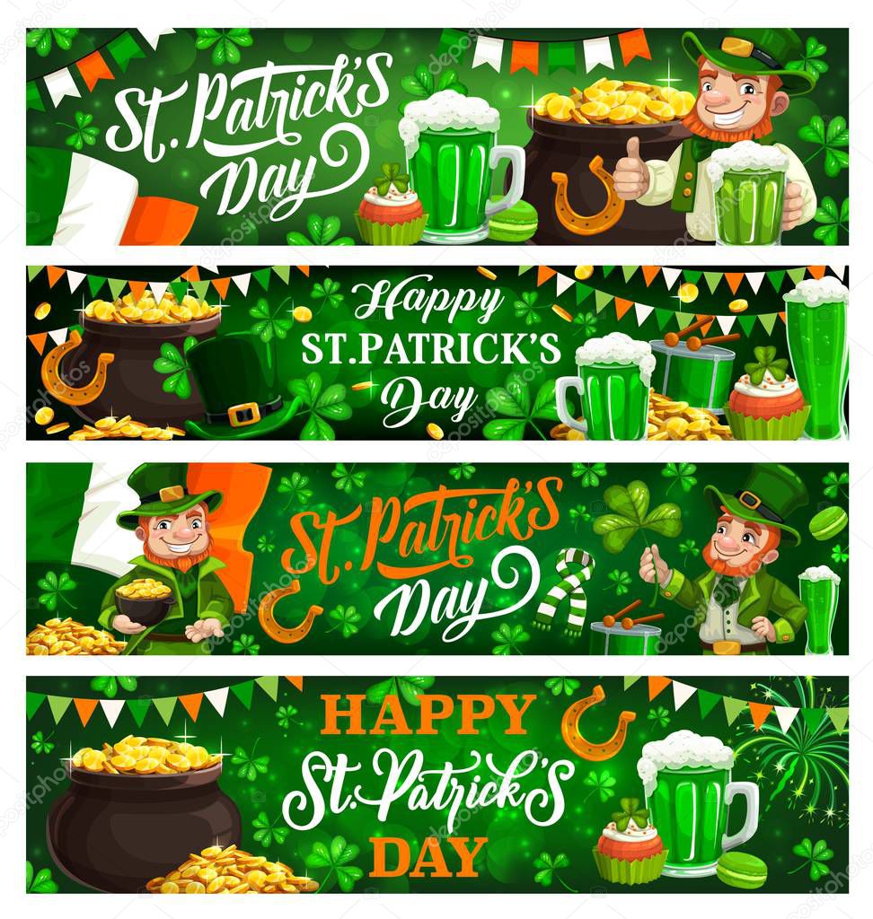 Patricks Day banners of leprechauns, gold, clovers