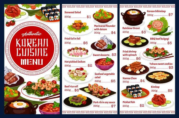 Korejská restaurace menu, Korea autentické jídlo — Stockový vektor