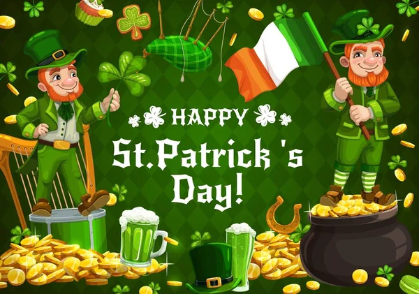 Saint Patrick, leprechaun et motif de trèfle — Image vectorielle