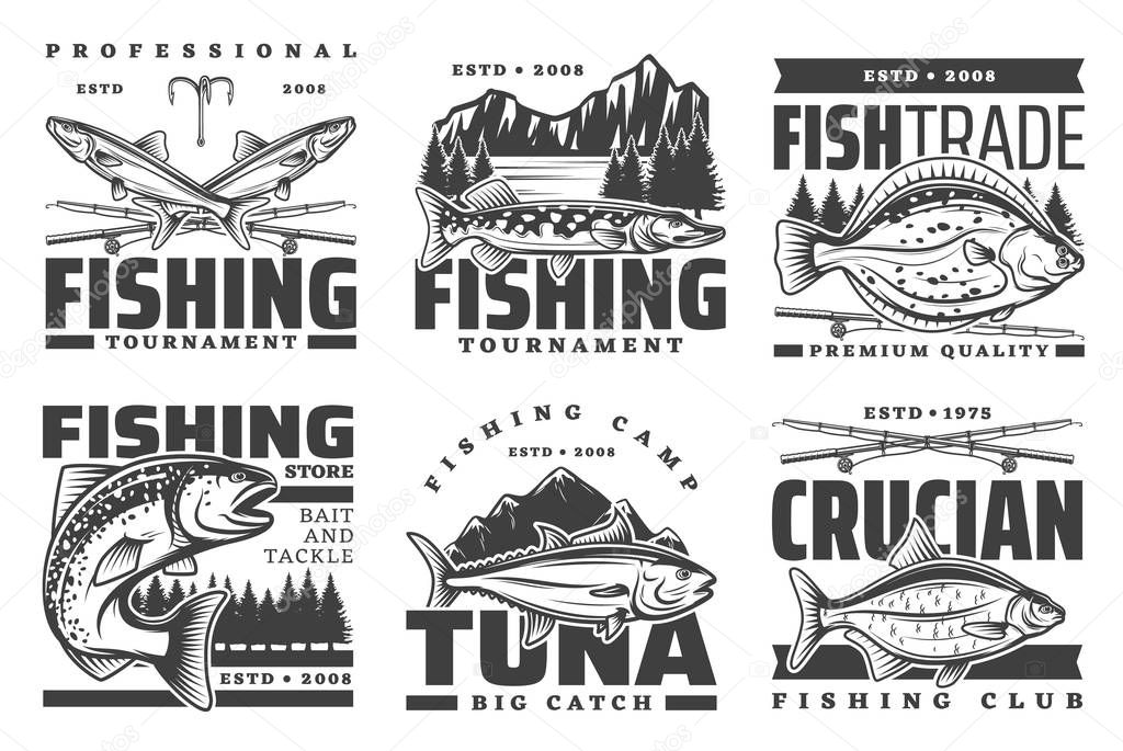 Fishing club, fisherman tournament camp and big fish catch tours icons. Vector river pike, crucian, sea salmon or flounder and ocean tuna fishing, fisher equipment lures, tackles and baits