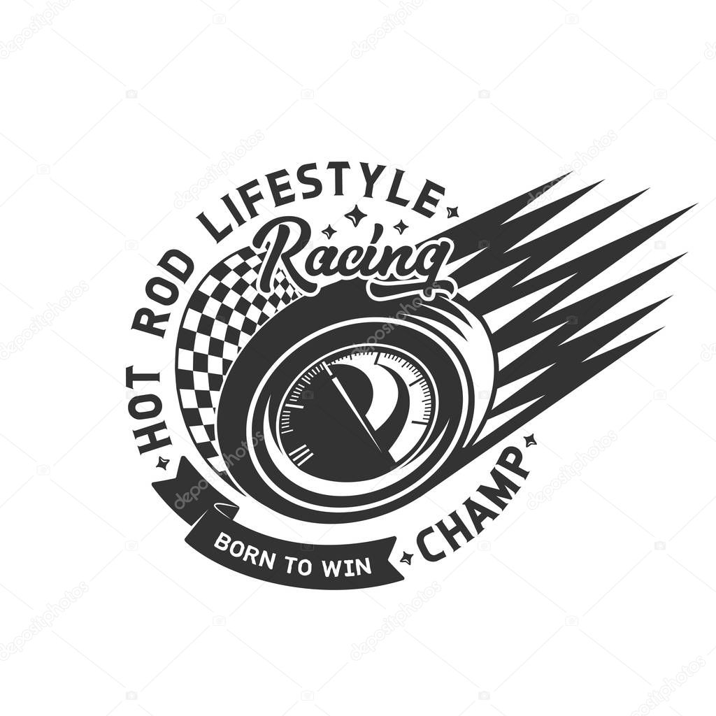 Car races emblem, rally championship and fast motor sport tournament icon. Vector street racing and drift club sign, sport car wheel with speedometer, fire burn ribbon and checkered finish flag
