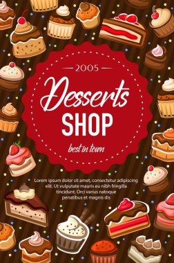 Sweet dessert cakes, bakery pastry shop food
