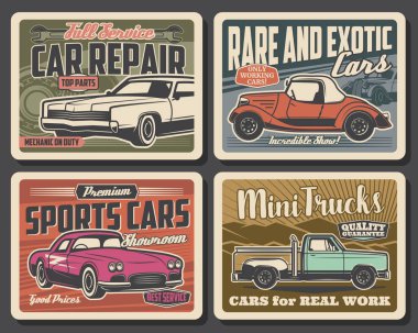 Auto service, vintage cars repair and showroom clipart