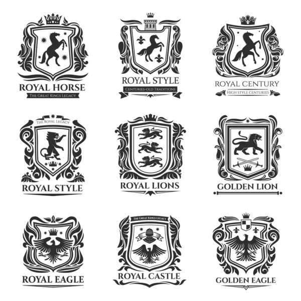 Heraldica regală, icoane medievale de cal și animale — Vector de stoc