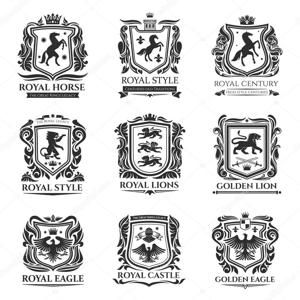 Heraldic shields, Medieval animals, Pegasus horse and royal floral emblems. Vector heraldic icons of Griffin lion with eagle wings, imperial crown, floral wreath and fleur de lys coat of arms shield