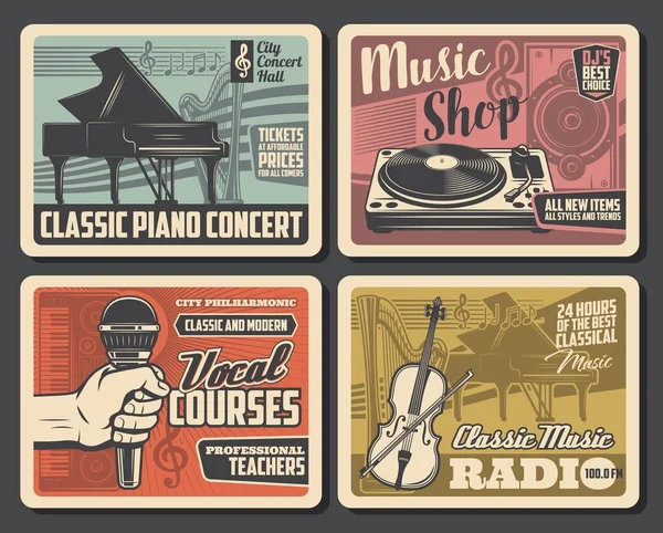 Tienda de música, cursos vocales, carteles retro de conciertos — Archivo Imágenes Vectoriales