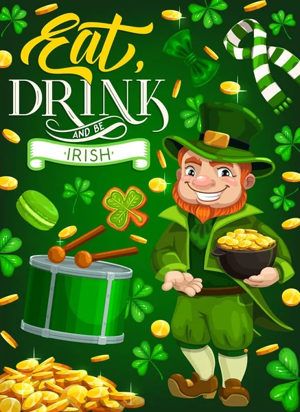 Patricks Day leprechaun, chapeau vert et pot d'or — Image vectorielle