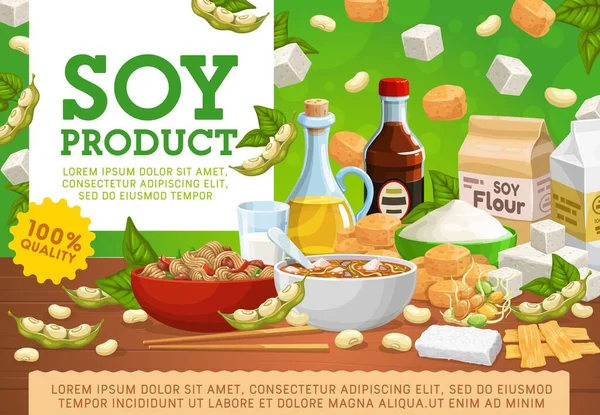 Produtos à base de soja, alimentos veganos de soja orgânicos —  Vetores de Stock