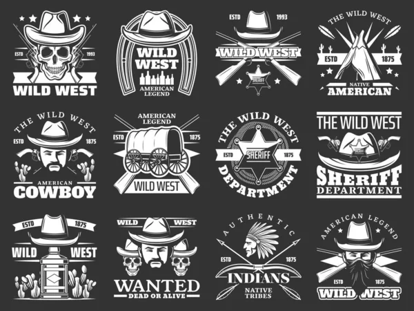 Kovboylar, kafatasları ve şapkalı şerifler. Vahşi Batı — Stok Vektör
