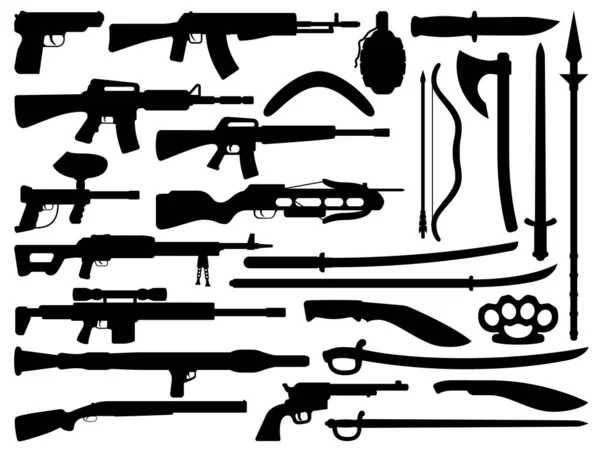 Silah, silah, bıçak, tüfek ve siluet. — Stok Vektör